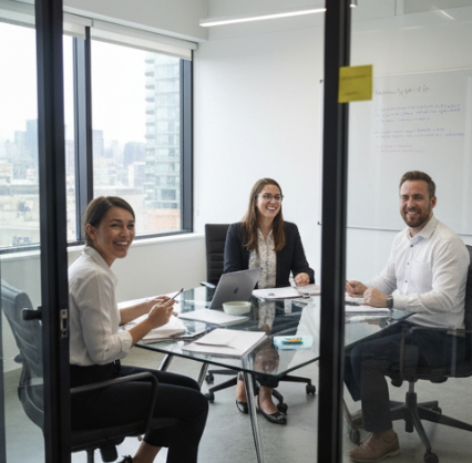 Personnel en discussion autour d'un poste de travail